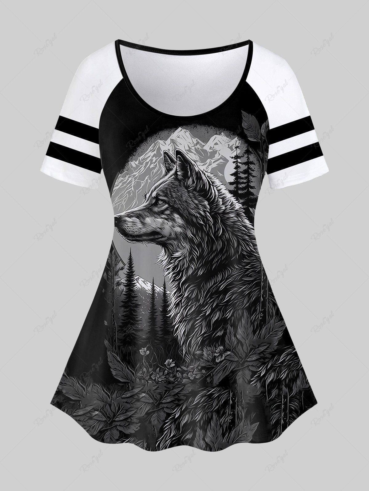 T-shirt Gothique Loup Montagne Imprimés à Manches Courtes Noir 2X