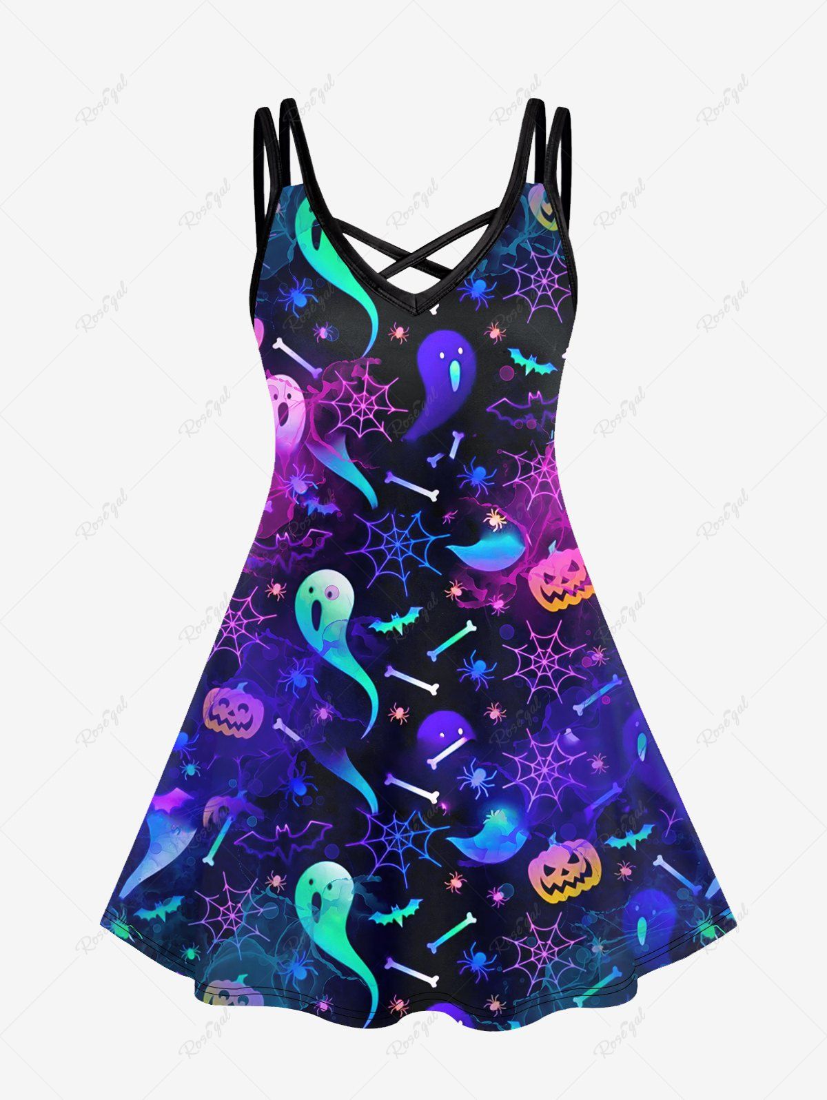 Online Gothic Ghost Pumpkin Bat Spider Web Print Crisscross Cami Dress  