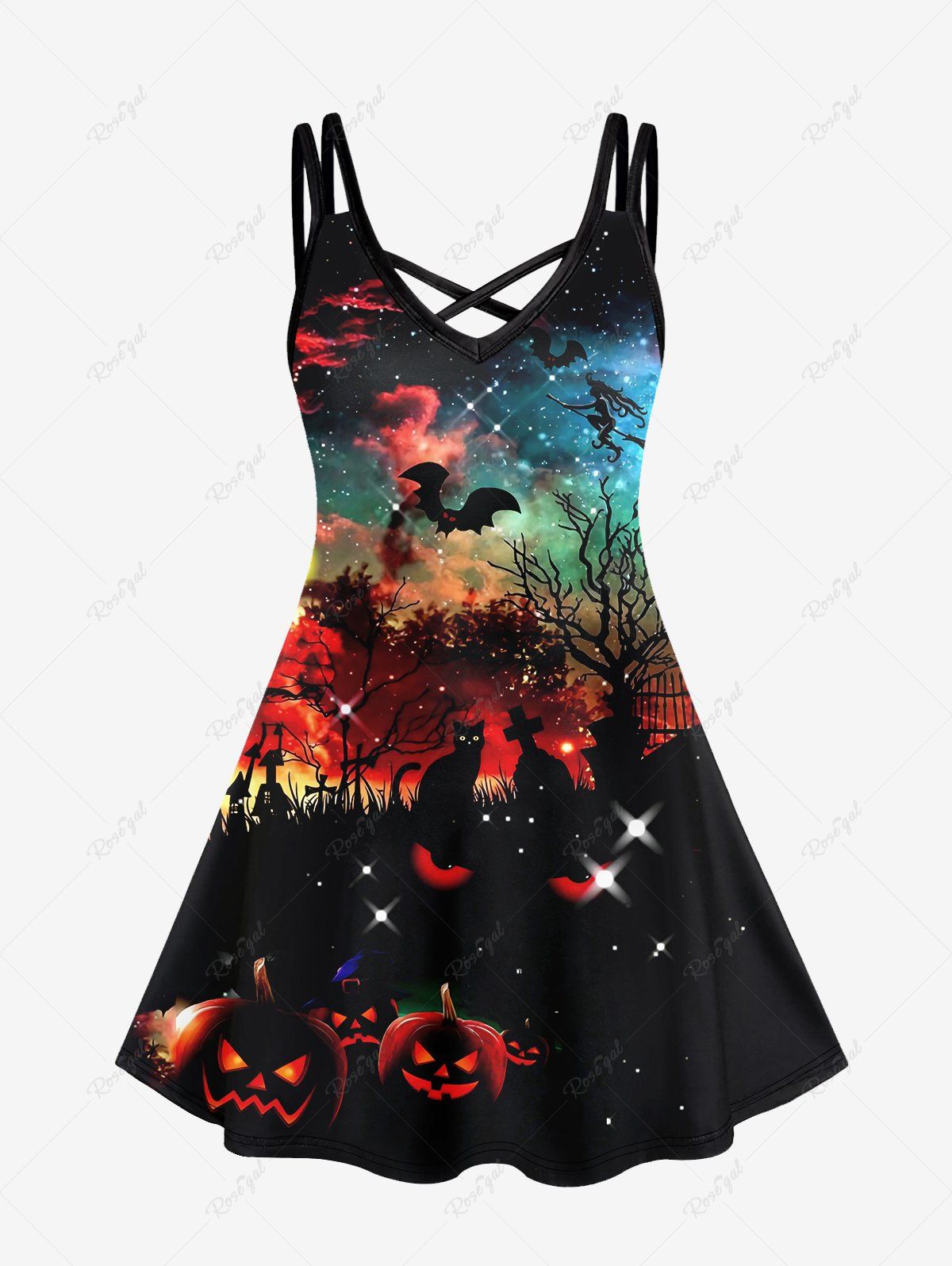 Chic Gothic Pumpkin Cat Tree Bat Galaxy Print Crisscross Cami Dress  