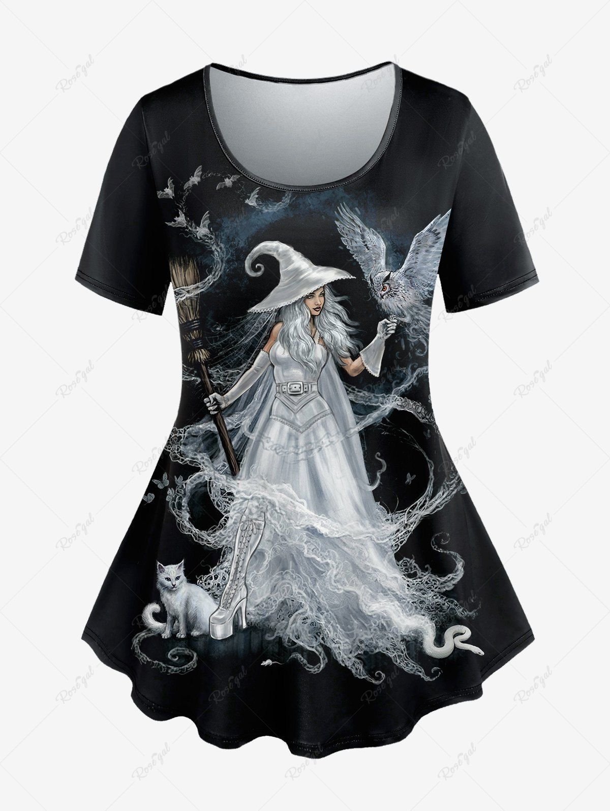 Latest Plus Size Witch Eagle Cat Print Short Sleeves T-shirt  