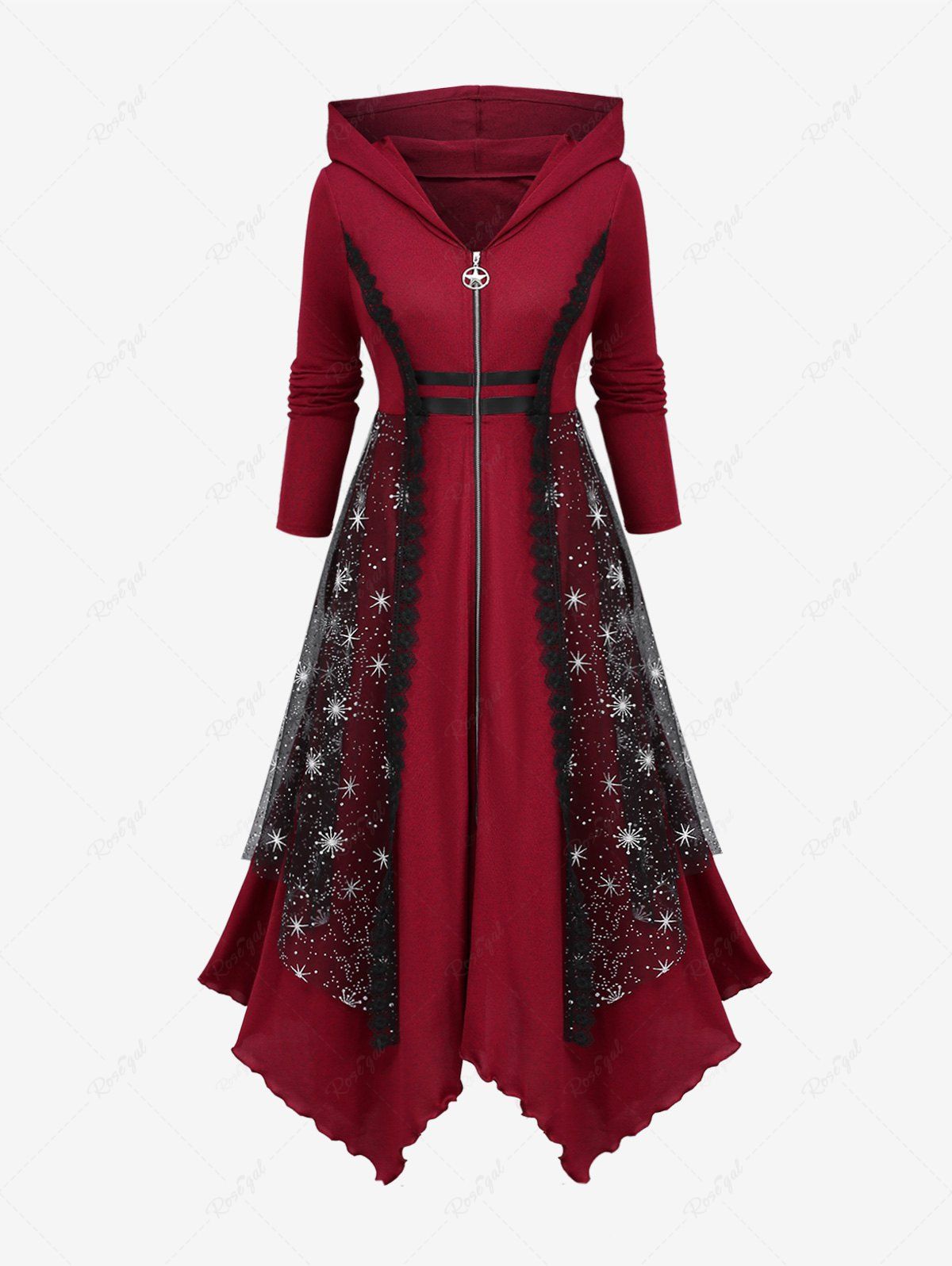 Plus Size Mesh Layered Lace Trim Handkerchief Zipper Hooded Coat Rouge foncé 4X | US 26-28