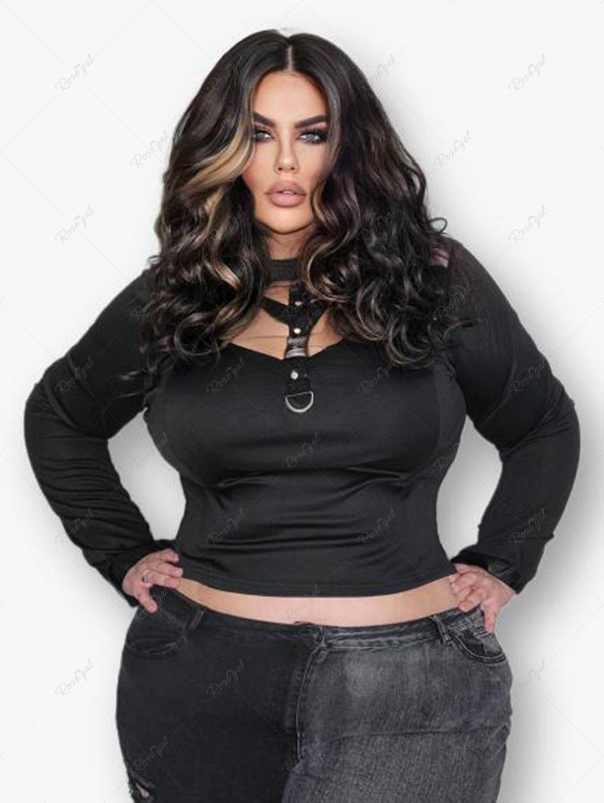 Buy Gothic Mesh Panel PU Studs D-ring Long Sleeve Top  
