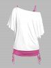 Plus Size Daisy Print Oblique Shoulder T Shirt and Cinched Ruched Camisole Set -  