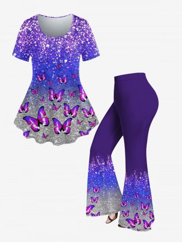 Butterfly 3D Sparkling Sequin Printed T-shirt and Flare Pants Plus Size 70s 80s Outfit - PURPLE