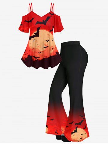 Sunset Bat Print Cold Shoulder T-shirt  And Sunset Bat Ombre Print Flare Pants Gothic Outfit