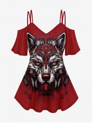 Wolf Printed Cold Shoulder T-shirt And Eagle Branch Print Flare Pants Gothic Outfit