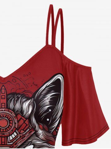 Wolf Printed Cold Shoulder T-shirt And Eagle Branch Print Flare Pants Gothic Outfit