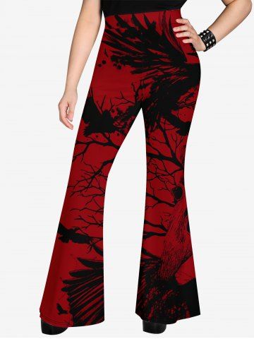 Wolf Printed Cold Shoulder T-shirt And Eagle Branch Print Flare Pants Gothic Outfit