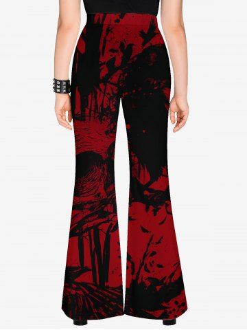 Wolf Printed Cold Shoulder T-shirt And Eagle Branch Print Flare Pants Gothic Outfit