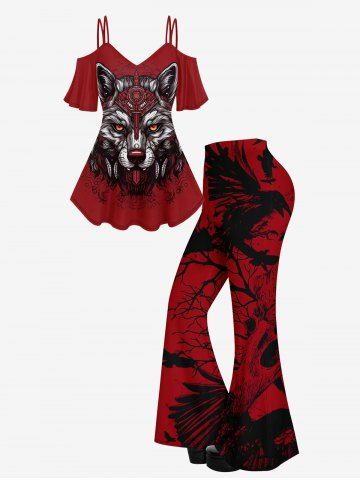 Wolf Printed Cold Shoulder T-shirt And Eagle Branch Print Flare Pants Gothic Outfit - RED