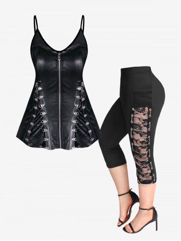 3D Lace Up Zipper Print Cami Top (Adjustable Shoulder Strap) and Chains Braided Floral Lace Capri Leggings Plus Size Outfits - BLACK