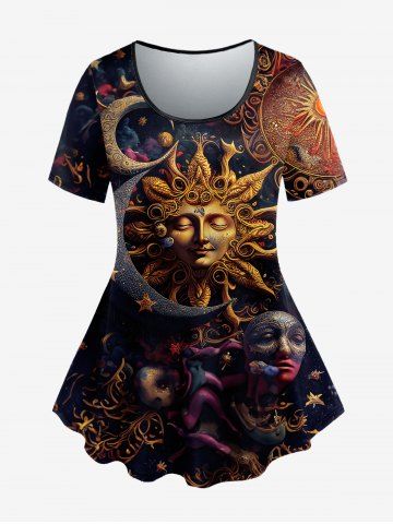 Plus Size Sun Moon Face Print Short Sleeves T-shirt - BLACK - M
