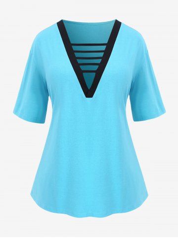 T-Shirt Jointif Grande Taille Ciselé à Col en V - BLUE - XL