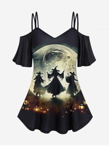 Halloween Wizard Lamp Moon Print Cold Shoulder Cami T-shirt - BLACK - S