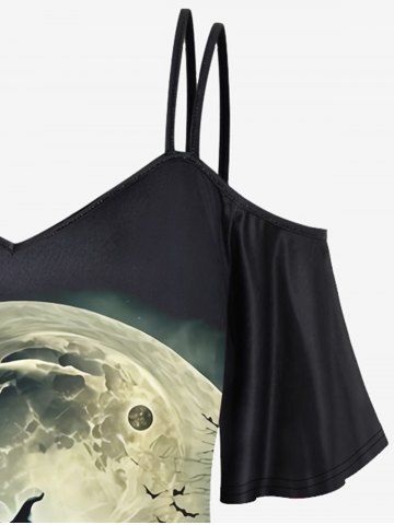 Halloween Wizard Lamp Moon Print Cold Shoulder Cami T-shirt