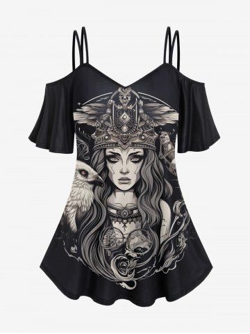 Gothic Eagle Wizard Print Cold Shoulder Cami T-shirt - BLACK - L