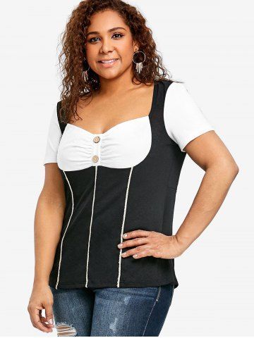 Plus Size Buttons Ruched Sweetheart Neck Two Tone T-shirt