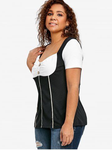 Plus Size Buttons Ruched Sweetheart Neck Two Tone T-shirt