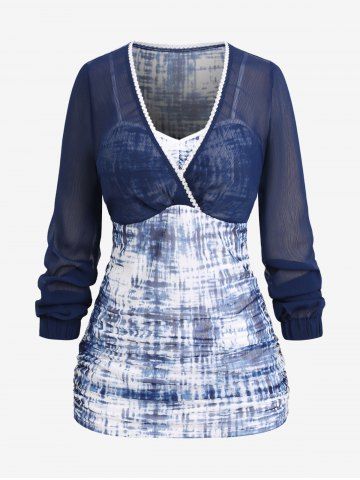 Plus Size Lace Trim Tie Dye Surplice T-shirt (Adjustable Shoulder Strap) - DEEP BLUE - L | US 12