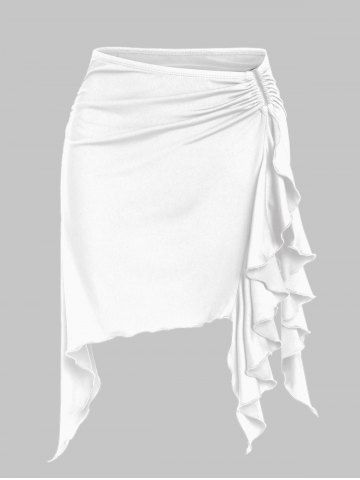 Flounces Metal Hardware Ruched Mini Skirt - WHITE - S