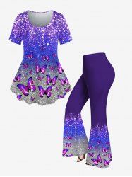 Butterfly 3D Sparkling Sequin Printed T-shirt and Flare Pants Plus Size 70s 80s Outfit -  