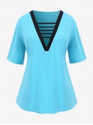 T-Shirt Jointif Grande Taille Ciselé à Col en V - Bleu XL