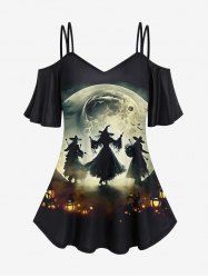 Halloween Wizard Lamp Moon Print Cold Shoulder Cami T-shirt -  