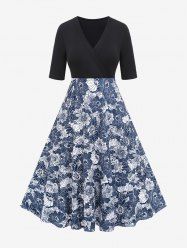 Plus Size Floral Printed Patchwork Surplice Dress -  