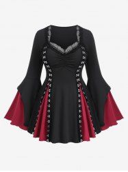 Plus Size Lace Trim Layered Rivet Ruched Cinched T-shirt -  