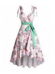 Allover Flower Print Surplice Plunge Tie Knot Shoulder High Low Dress -  