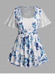 Plus Size Allover Print Lace Top Short Sleeve Casual Top -  