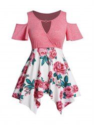 Plus Size Flower Print Cold Shoulder O Ring Handkerchief Casual Top -  
