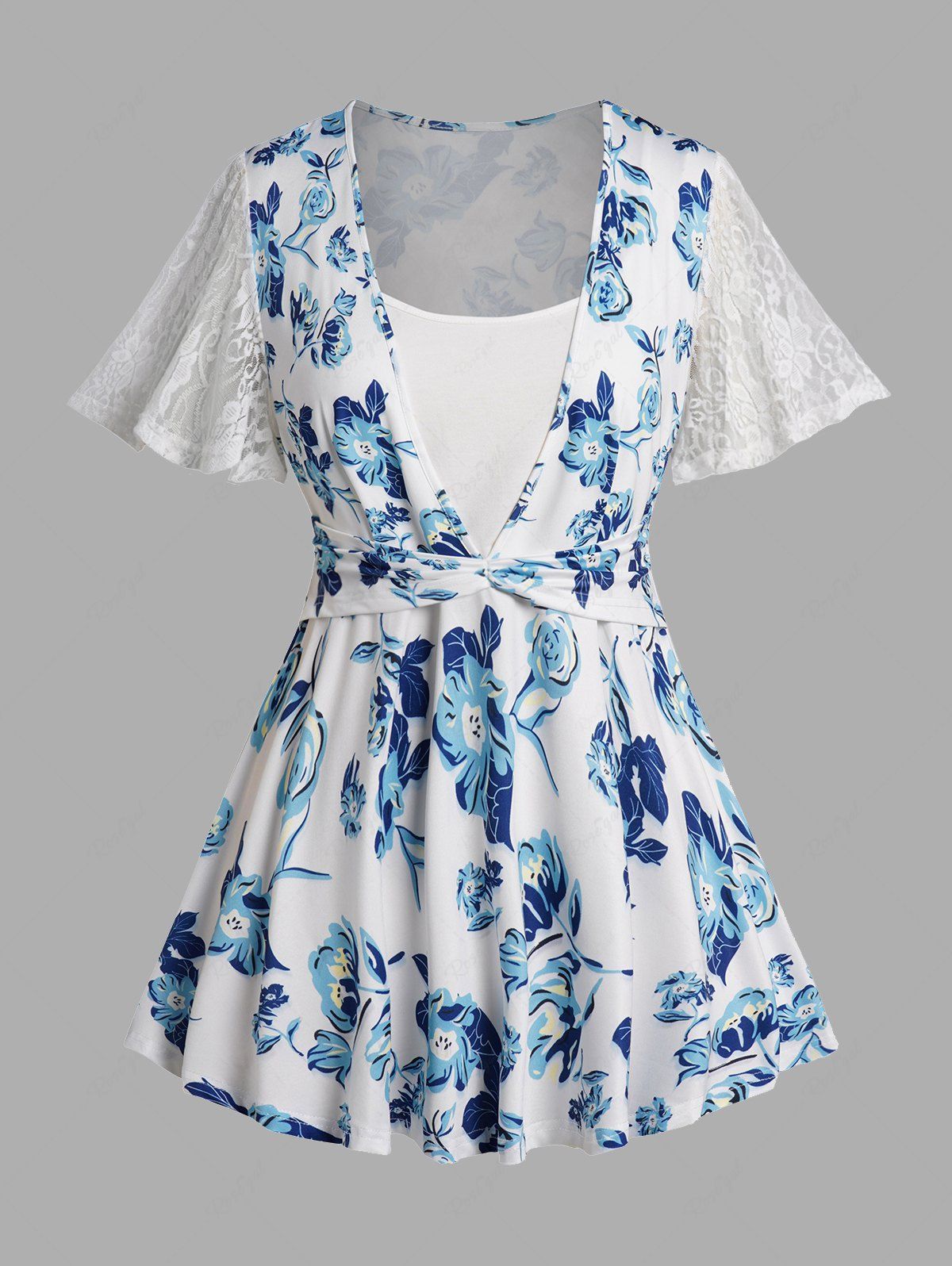 Hot Plus Size Allover Print Lace Top Short Sleeve Casual Top  