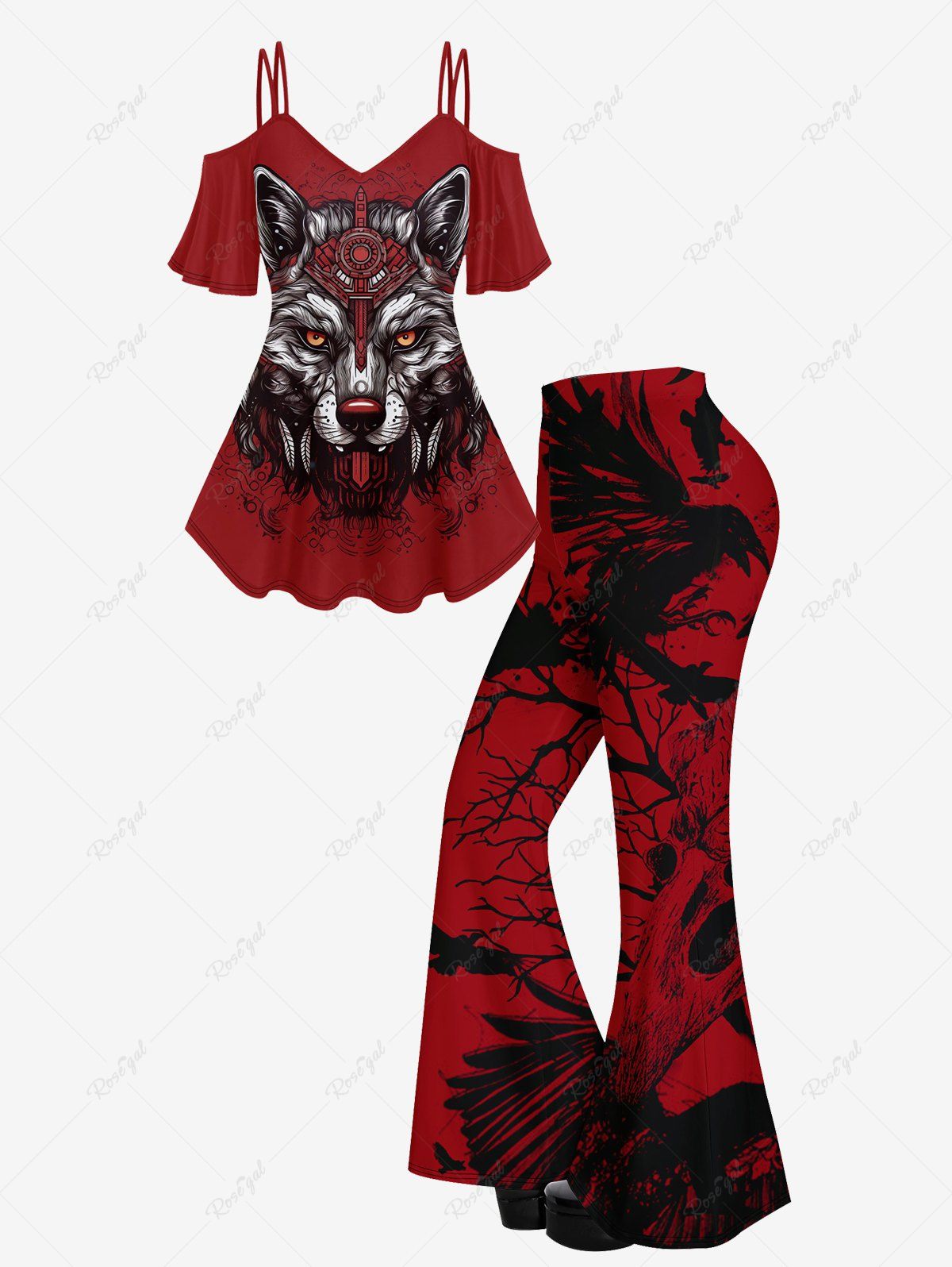 Shops Wolf Printed Cold Shoulder T-shirt And Eagle Branch Print Flare Pants Gothic Outfit  