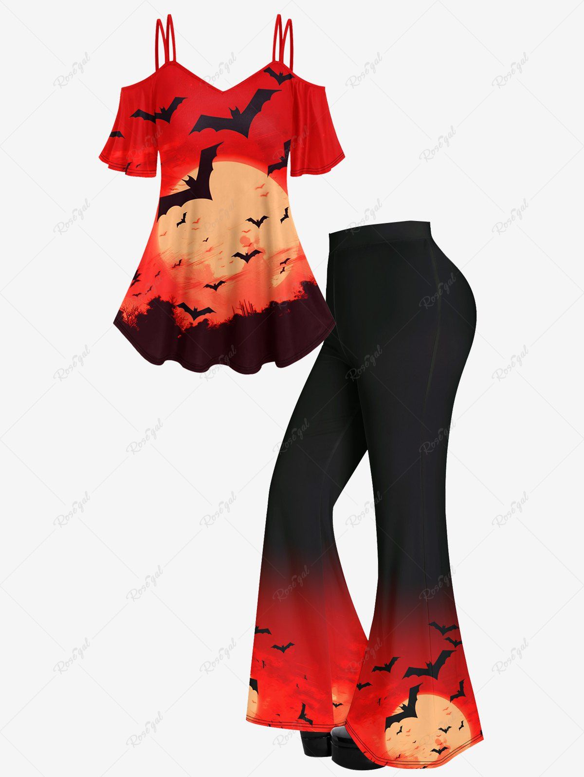 Fashion Sunset Bat Print Cold Shoulder T-shirt  And Sunset Bat Ombre Print Flare Pants Gothic Outfit  