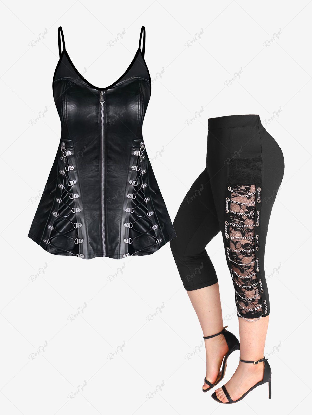 Buy 3D Lace Up Zipper Print Cami Top (Adjustable Shoulder Strap) and Chains Braided Floral Lace Capri Leggings Plus Size Outfits  