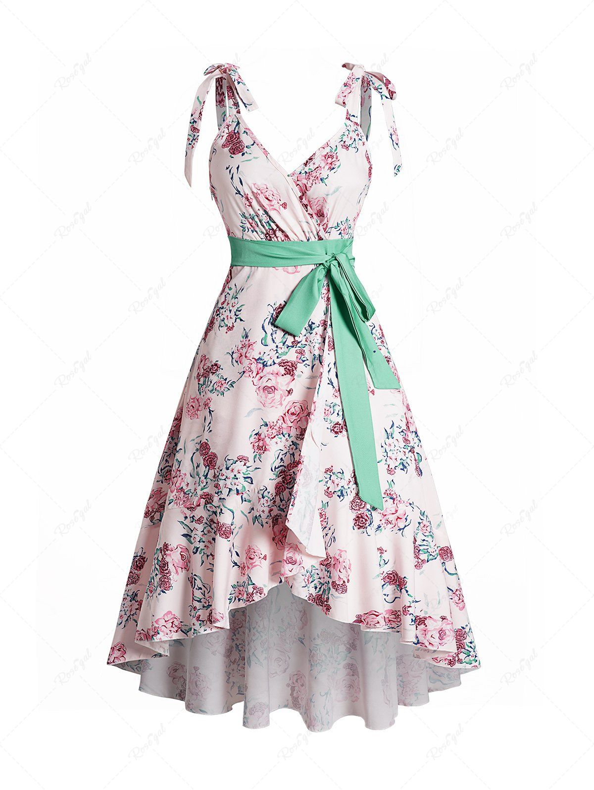 Fashion Allover Flower Print Surplice Plunge Tie Knot Shoulder High Low Dress  