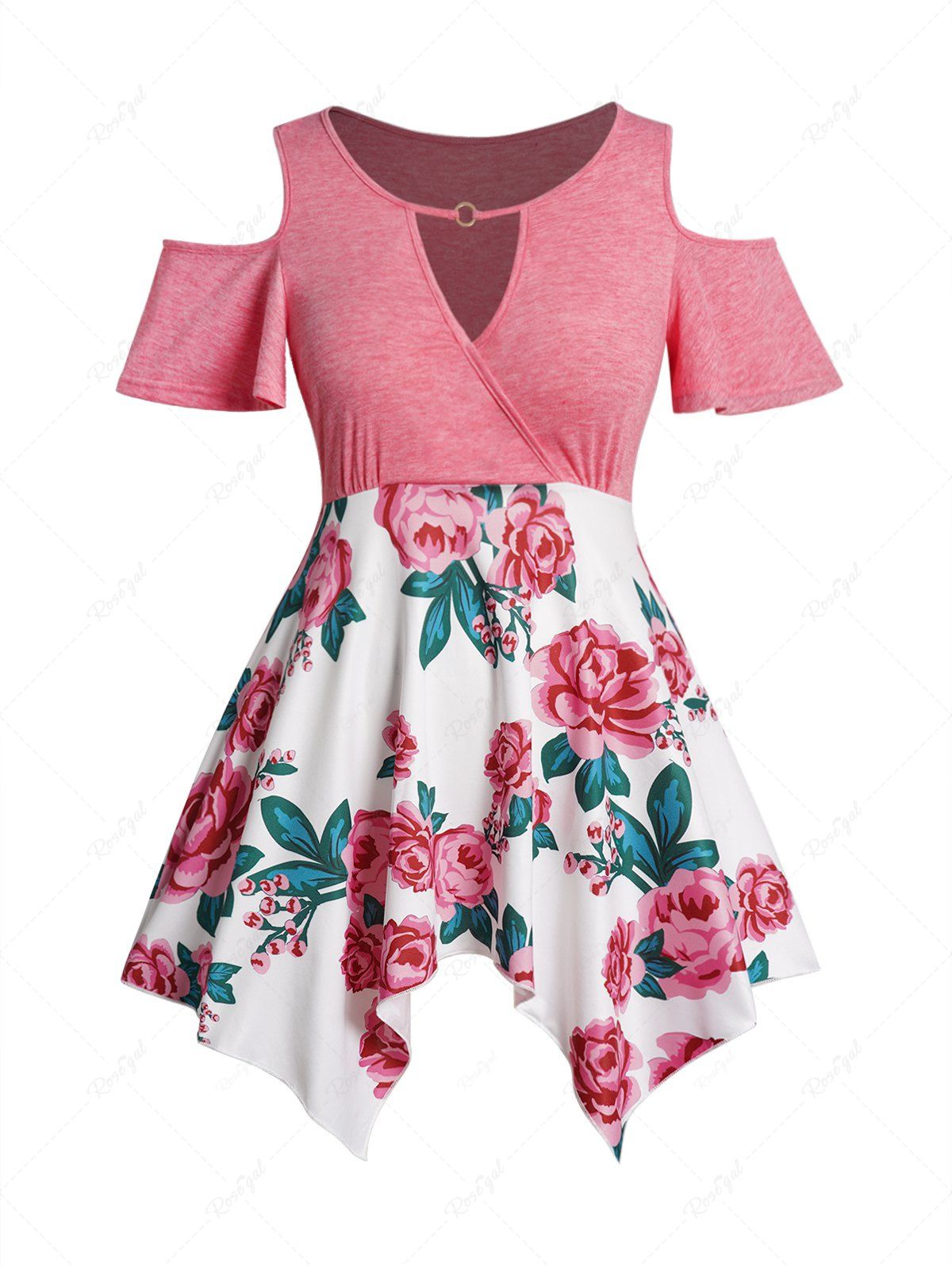 New Plus Size Flower Print Cold Shoulder O Ring Handkerchief Casual Top  