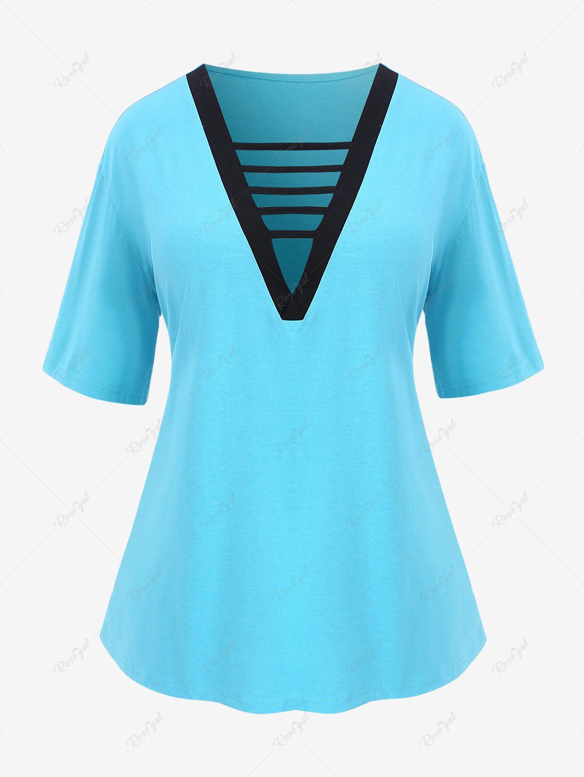 T-Shirt Jointif Grande Taille Ciselé à Col en V Bleu 3XL