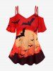Sunset Bat Print Cold Shoulder T-shirt  And Sunset Bat Ombre Print Flare Pants Gothic Outfit -  