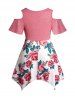 Plus Size Flower Print Cold Shoulder O Ring Handkerchief Casual Top -  