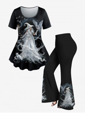 Halloween Costume Plus Size Witch Eagle Cat Printed Short Sleeves T-shirt and Pants Outfit - BLACK