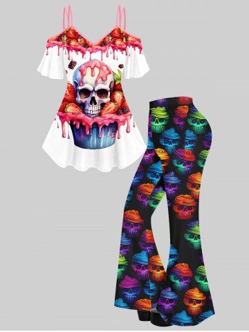 Skull Strawberry Bloody Print Cold Shoulder T-shirt And  Skull Print Flare Pants Gothic Outfit - MULTI-A