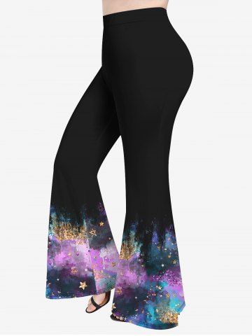 Plus Size Tie Dye Star Sparkling Sequin Print Flare Pants - PURPLE - 2X