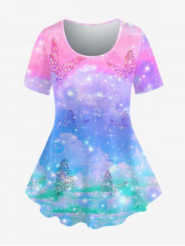 Plus Size Colorful Butterfly Sparkling Print Short Sleeves T-shirt