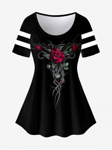 Plus Size Rose Leaf Print T-shirt - BLACK - 3X