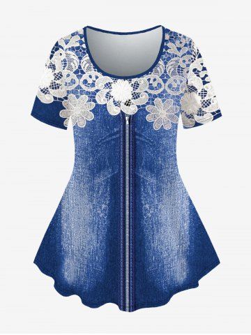 T-shirt Zippé 3D Floral Imprimé en Dentelle de Grande Taille - BLUE - XS