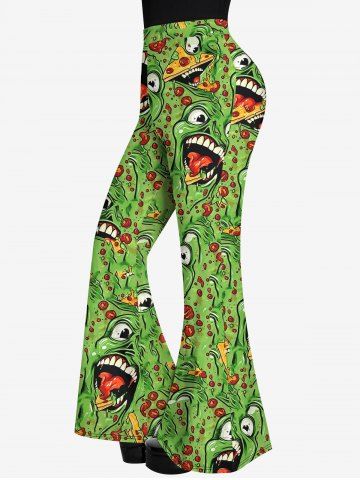 Gothic Monster Face Print Flare Pants - GREEN - S