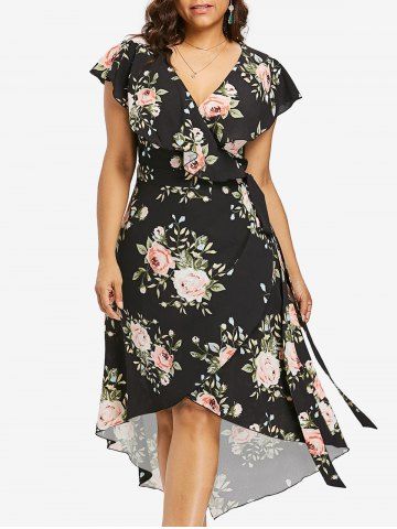 Plus Size Chiffon Floral Print Tied Asymmetric Dress - BLACK - L | US 12