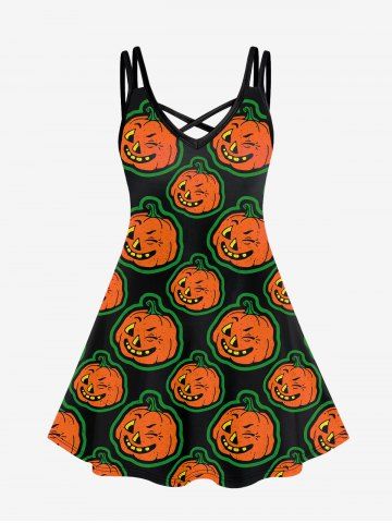 Gothic Pumpkin Print Crisscross Strappy Cami Dress
